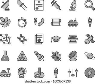 Thin line gray tint vector icon set - books vector, square academic hat, scientific publication, flask, microscope, nuclear, zoom, dna, settings, satellite, bactery, pipette, globe, sun panel