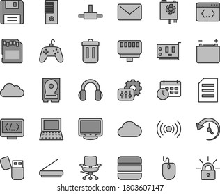 Thin line gray tint vector icon set - accumulator vector, notebook pc, mouse, power supply, tower, card, monitor, hdd, scanner, usb flash, headphones, connect, trash bin, floppy, coding, wireless