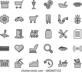 Juego de iconos vectoriales de tono gris de línea delgada - símbolo cardíaco vector, asiento infantil de coche, baño para niños, conjunto de arena de juguete, tren de bebé, pequeño yule, herramientas, alcantarillado, caldera electrónica, rodajas de cebolla, placa, menta