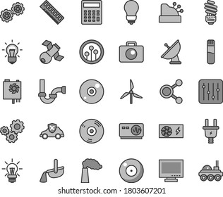 Thin Line Gray Tint Vector Icon Set - Camera Vector, Monitor, Calculator, Gears, Sewerage, Saving Light Bulb, Regulator, Windmill, Manufacture, Electric Plug, Autopilot, Steel Production, Cashbox