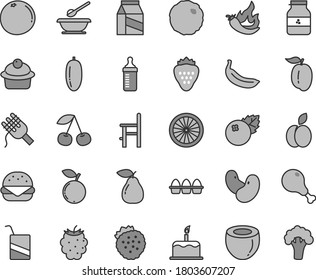 Thin line gray tint vector icon set - measuring bottle for feeding vector, plates and spoons, e, a chair, cake, package, bundle of eggs, big burger, spaghetti, muffin, chicken leg, cabbage, jar jam