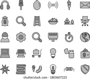 Thin line gray tint vector icon set - stepladder vector, bulb, heating coil, a plate of fruit, popsicle, lime, racer, notebook pc, usb flash, headphones, lan connector, wireless, magnifier, chair