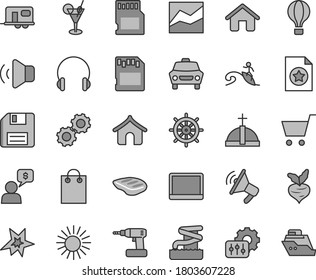 Thin line gray tint vector icon set - floppy disk vector, line chart, house, cordless drill, headphones, car, volume, chop, beet, bag, notebook pc, sd card, settings, gears, bang, star certificate