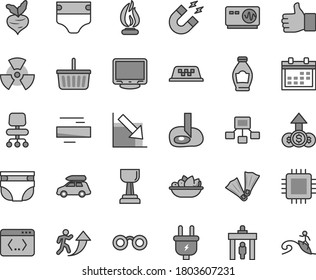 Thin line gray tint vector icon set - calendar vector, grocery basket, minus, negative chart, diaper, nappy, a plate of fruit, bottle, beet, plug, hierarchical scheme, cpu, monitor, coding, chair