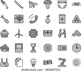 Thin line gray tint vector icon set - tassel vector, paper airplane, clean, archive, nappy, wall clock, phone call, mushroom, muffin, beet, windmill, oil, autopilot, assembly robot, cash, dollar