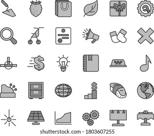 Thin line gray tint vector icon set - cross vector, dollar, bedside table, sitting stroller, warm socks, trowel, star gear, notebook, bag with handles, sushi, tasty raspberry, solar panel, leaf
