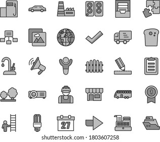 Thin line gray tint vector icon set - daily calendar vector, right direction, check mark, archive, Puzzles, drawing, hedge, kitchen faucet, picture, kiosk, Easter cake, modern gas station, trees