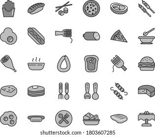 Thin line gray tint vector icon set - plates and spoons vector, plastic fork, iron, sausage, stick of, cheese, pizza, piece, Hot Dog, mini, burger, spaghetti, noodles, porridge, lettuce in a plate