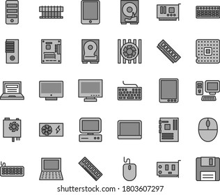 Thin line gray tint vector icon set - laptop vector, monitor, keyboard, screen, processor, computer, tablet pc, notebook, radiator fan, mouse, power supply, tower, motherboard, memory, card, hdd