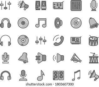 Thin line gray tint vector icon set - bell vector, desktop microphone, horn, loudspeaker, drumroll, drum, headphones, music, CD, regulator, volume, no sound, phone call, pc card, speaker, note
