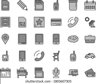 Thin line gray tint vector icon set - desktop microphone vector, calendar, bank card, toy phone, mobile, a chair for feeding child, concrete mixer, smartphone, nightstand, call, piece of meat, jam