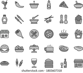 Thin line gray tint vector icon set - plates and spoons vector, plastic fork, coffee, fried vegetables on sticks, pizza, piece of, big burger, cake, pie, a bowl rice porridge, in saucepan, bacon