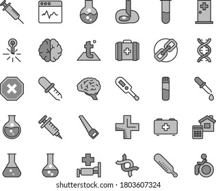Thin line gray tint vector icon set - mark of injury vector, spectacles, plus, electronic thermometer e, mercury, bag a paramedic, medical, arm saw, estimate, temperature, cardiogram, round flask