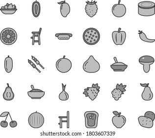 Thin line gray tint vector icon set - a chair for feeding vector, child, canned goods, mini hot dog, mushroom, bowl of buckwheat porridge, rice, plate fruit, barbecue, sandwich, cherry, grape, fig