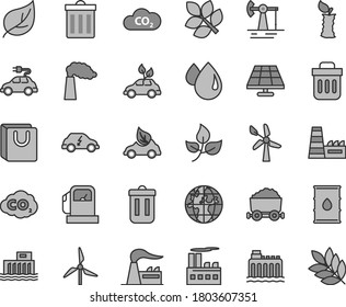 Thin line gray tint vector icon set - bin vector, bag with handles, apple stub, solar panel, working oil derrick, leaves, leaf, gas station, windmill, wind energy, manufacture, factory, drop, CO2