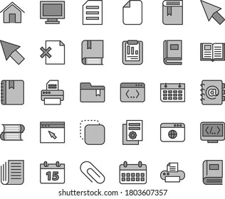 Thin line gray tint vector icon set - monitor window vector, clip, folder bookmark, book, e, books, home, calendar, notebook, address, delete page, copy, statistical report, scientific publication