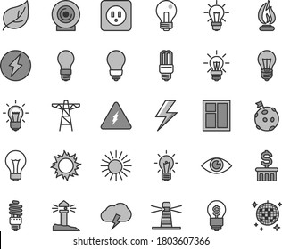 Thin line gray tint vector icon set - lightning vector, matte light bulb, incandescent lamp, window, power socket type b, eye, storm cloud, lens, leaf, pole, energy saving, mercury, lighthouse, idea