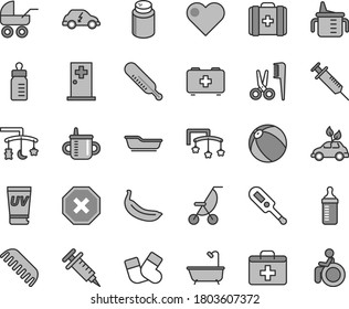 Thin line gray tint vector icon set - mark of injury vector, first aid kit, toys over the cradle, cot, mug for feeding, measuring cup, bottle, powder, baby carriage, summer stroller, mercury, comb