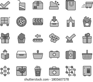 Thin line gray tint vector icon set - cargo trolley vector, grocery basket, first aid kit, bag of a paramedic, medical, e, box bricks, put in, drawer, with handles, cardboard, gift, unpacking, pizza