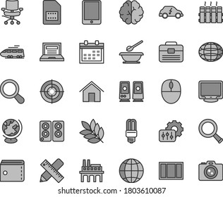 Thin line gray tint vector icon set - laptop vector, calendar, purse, plates and spoons, window frame, portfolio, writing accessories, radiator, home, earth, industrial enterprise, SIM card, globe