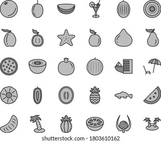 Thin line gray tint vector icon set - small fish vector, orange slice, pomegranate, fig, melon, water, loquat, half, of tangerine, passion fruit, sweet date, kiwi, guava, guawa, piece coconut, hotel