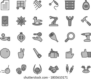 Thin line gray tint vector icon set - cargo trolley vector, scribbled paper, magnifier, chest of drawers, measuring cup for feeding, small rocking horse, shoes little children, drill, arm saw, core