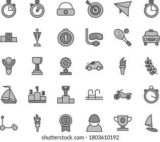Thin line gray tint vector icon set - stopwatch vector, Kick scooter, warm hat, timer, car, pedestal, racer, retro, flame torch, winner, laurel branch, podium, prize, cup, gold, pennant, target