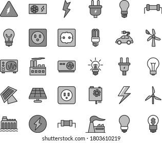 Thin line gray tint vector icon set - lightning vector, matte light bulb, power socket type b, f, solar panel, windmill, wind energy, factory, hydroelectricity, plug, electric, industrial building