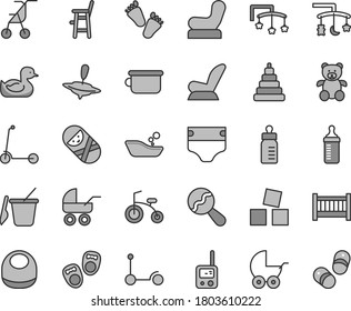 Thin line gray tint vector icon set - baby cot vector, toys over the cradle, feeding bottle, measuring for, diaper, bib, beanbag, chair, car child seat, stroller, carriage, sitting, rubber duck, a