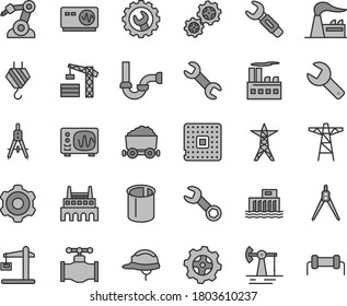 Thin line gray tint vector icon set - repair key vector, tower crane, hook, cogwheel, sewerage, helmet, gear, working oil derrick, valve, factory, hydroelectric station, power line, pole, gears