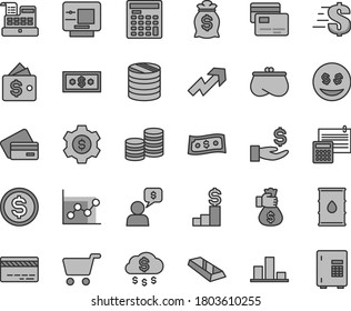 Juego de iconos de vectores de tintes grises de línea delgada - vectores de tarjetas bancarias, crecimiento, dólar, gráfico, cálculo, tarjetas, aceite, carrito de la compra, monedas, columna de, gráfico, obtener un sueldo, bolsa, calculadora de ingenieros, barra de oro