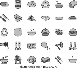 Thin line gray tint vector icon set - deep plate with a spoon vector, plastic fork spoons, iron, sausage, stick of, piece cheese, loaf, tin, pizza, big burger, noodles, muffin, pie, hot, chicken leg