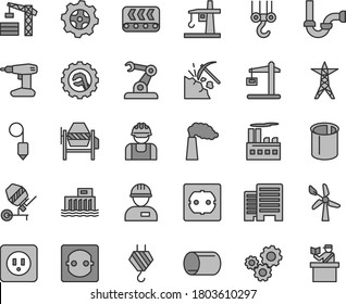 Thin line gray tint vector icon set - tower crane vector, workman, hook, winch, concrete mixer, drill, sewerage, power socket type b, f, buildings, plummet, star gear, coal mining, wind energy, line