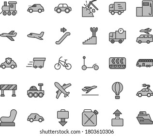 Thin line gray tint vector icon set - Baby chair vector, motor vehicle, toy train, Kick scooter, traffic signal, delivery, coal mining, modern gas station, conveyor, canister, electric car, retro