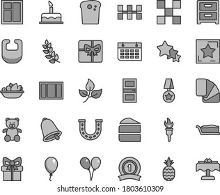 Thin line gray tint vector icon set - bib vector, teddy bear, colored air balloons, balloon, cake, window, frame, sample of colour, interroom door, tile, ceramic tiles, bell, nightstand, Easter