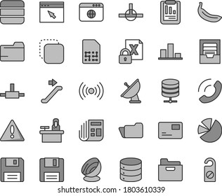 Juego de iconos vectoriales de tono gris de línea delgada - vector de advertencia, carpeta, archivo, big data, servidor, tarjeta de pase, llamada telefónica, copia, banana, SIM, gráfico, informe estadístico, gráficos circulares, papel matutino, cifrado