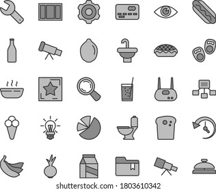 Thin line gray tint vector icon set - repair key vector, folder bookmark, shoes for little children, cogwheel, window frame, washbasin, toilet, eye, package, Easter cake, Hot Dog, apple pie, beet