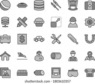 Thin line gray tint vector icon set - archive vector, cradle, mercury thermometer, bath ball, medical bag, motor vehicle, builder, small tools, suitcase, writing accessories, brick, picture, map