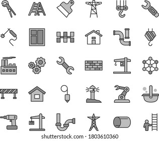 Thin line gray tint vector icon set - house vector, crane, dwelling, brickwork, hook, winch, window, adjustable wrench, cordless drill, ladder, sewerage, ceramic tiles, plummet, putty knife, pole