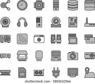 Thin line gray tint vector icon set - rss feed vector, cards, lens, plug, SIM card, connections, wall watch, computer, radiator fan, pc tower, motherboard, cpu, gpu, monitor, web camera, router, sd