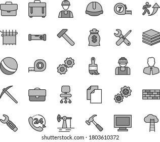 Thin Line Gray Tint Vector Icon Set - Monitor Window Vector, Clean Paper, Bath Ball, Builder, Brickwork, Small Tools, Measuring Tape, Long Meashuring, Wooden Paint Brush, Construction Level, Helmet