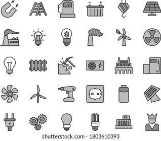 Thin line gray tint vector icon set - matte light bulb vector, hook, drill, ladder, power socket type f, new radiator, marine propeller, charge level, solar panel, coal mining, gas station, modern