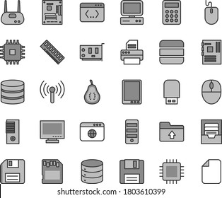 Thin line gray tint vector icon set - floppy disk vector, monitor, archive, upload folder, big data, part of guava, calculator, computer, tablet pc, mouse, tower, motherboard, cpu, memory, card, sd