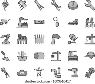 Thin line gray tint vector icon set - repair key vector, brick wall, hook, building trolley, trowel, concrete mixer, adjustable wrench, cordless drill, hand saw, construction level, helmet, plummet