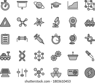 Thin line gray tint vector icon set - pan vector, microscope, molecule, electricity, nuclear, dna, gears, settings, pipette, globe, oscilloscope, graduate hat, clipboard, growth graph, medal, saturn