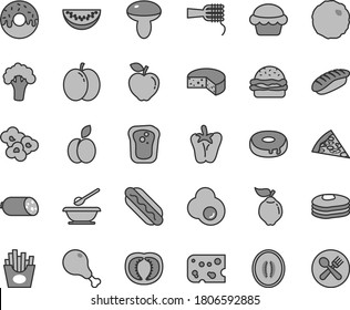 Thin line gray tint vector icon set - plates and spoons vector, sausage, piece of cheese, pizza, Hot Dog, burger, noodles, mushroom, cake, with a hole, glazed, chicken leg, cabbage, peper, popcorn