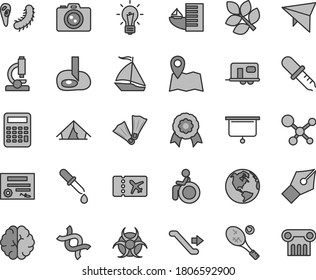 Thin line gray tint vector icon set - microscope vector, molecule, dna, bulb, brain, bactery, biohazard, pipette, calculator, artifical insimination, medal, biology, presentation board, patente, map