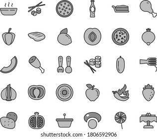 Thin line gray tint vector icon set - plastic fork spoons vector, pizza, noodles, cake slice, hot porridge, chicken leg, thigh, chop, lollipop, Chinese chopsticks, sushi set, bottle of soda, plum