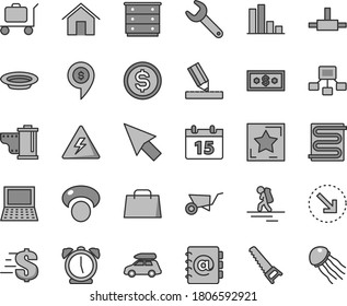 Thin line gray tint vector icon set - danger of electricity vector, camera roll, dollar, chest drawers, building trolley, hand saw, drawing, heating coil, home, calendar, alarm clock, address book