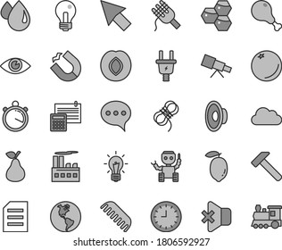 Thin line gray tint vector icon set - incandescent lamp vector, loudspeaker, comb, calculation, hawser, hammer, speech, eye, no sound, spaghetti, chicken leg, pear, orange, honeycombs, plum, lemon